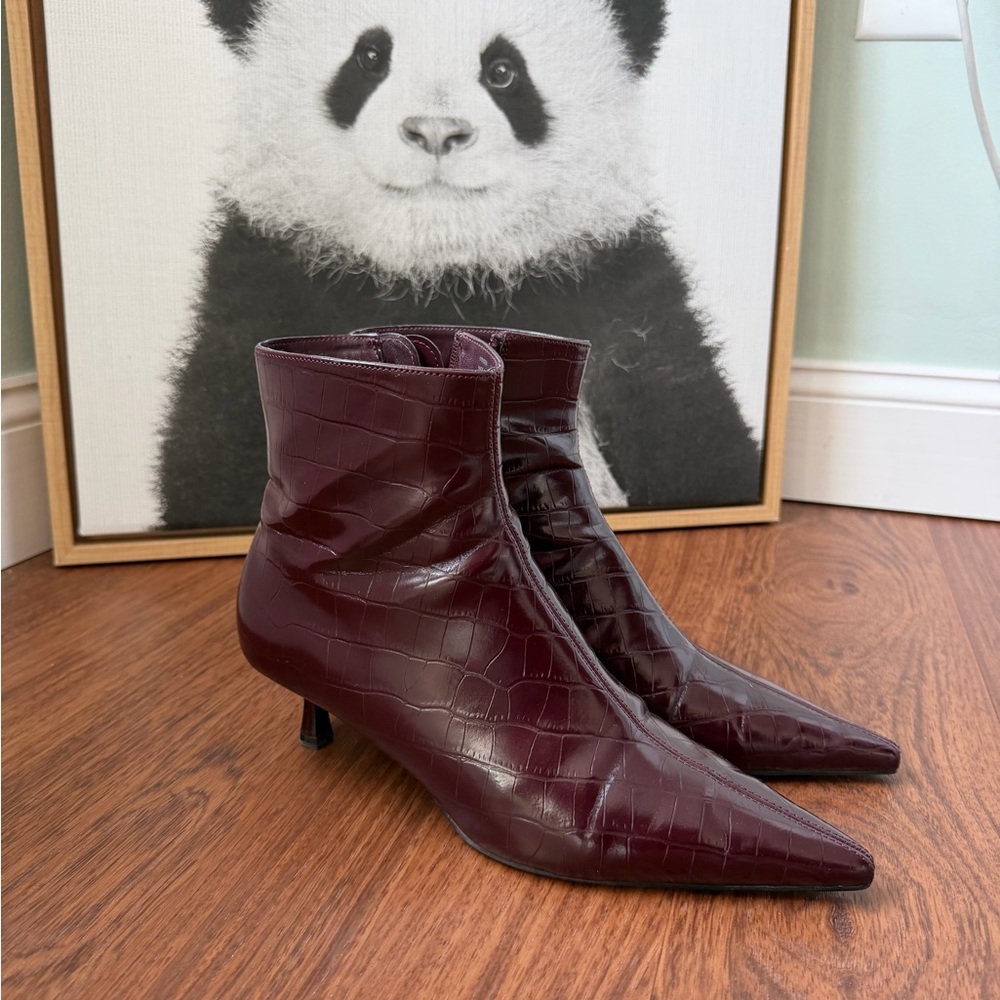 Mango Burgundy Croc-Embossed Ankle Boots with Kitten Heel